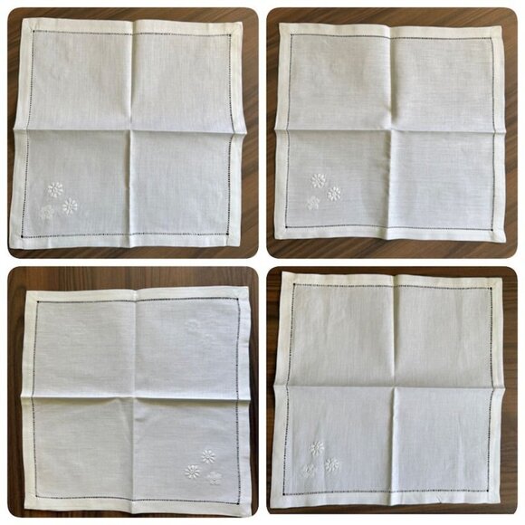 6 Vintage White Linen Napkins 12"x12" Reticulated Edges & Floral Embroidery - Picture 8 of 9